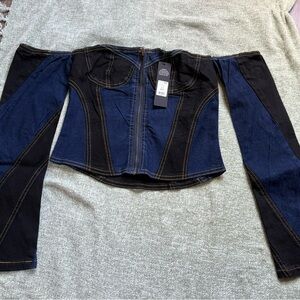 Fashion Nova Blue and Black Off-Shoulder Denim Top